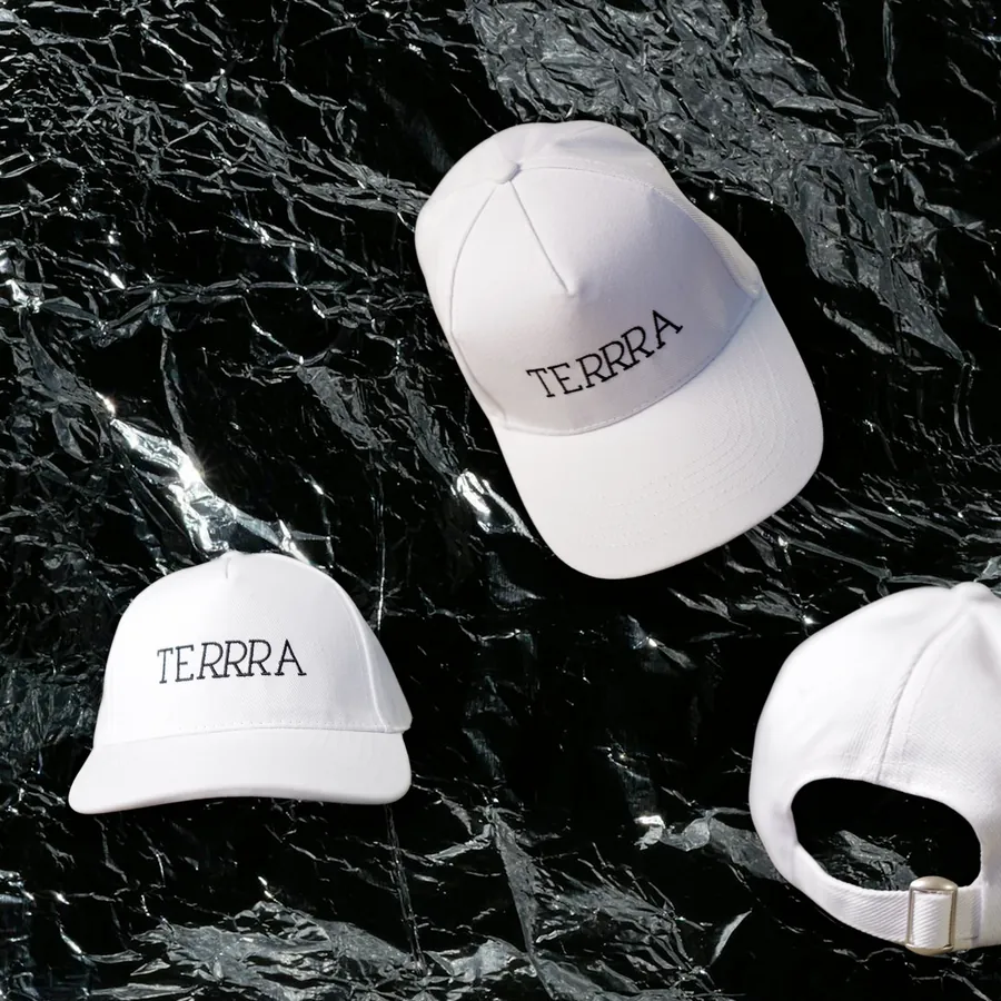 White snapback cap with TERRRA lettering